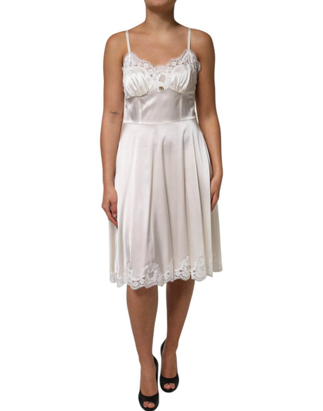 Dolce & Gabbana White Lace DG Logo Silk Dress Sleepwear - Hilstor