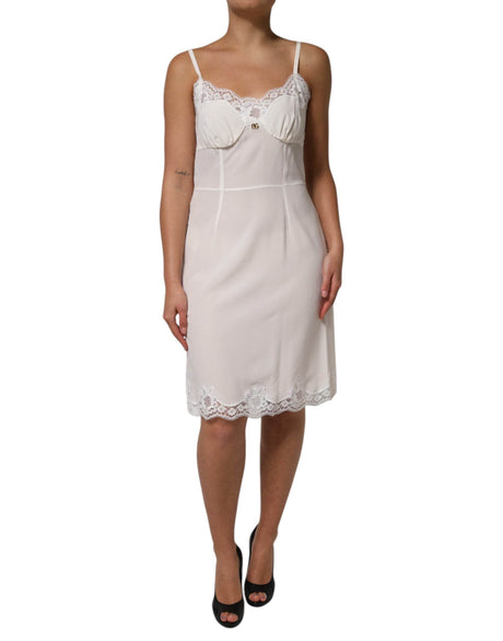 Dolce & Gabbana White Lace Gold DG Logo Silk Dress Sleepwear - Hilstor
