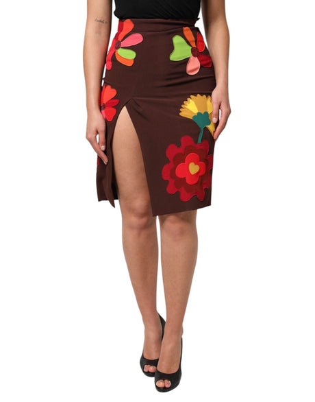 Dolce & Gabbana Brown Floral High Waist Side Slit Skirt - Hilstor