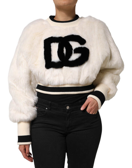 Dolce & Gabbana White Cropped Faux Fur DG Sweatshirt Sweater - Hilstor