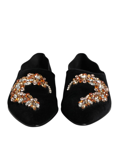 Dolce & Gabbana Black Velvet Embellished Loafer Slip On Shoes - Hilstor