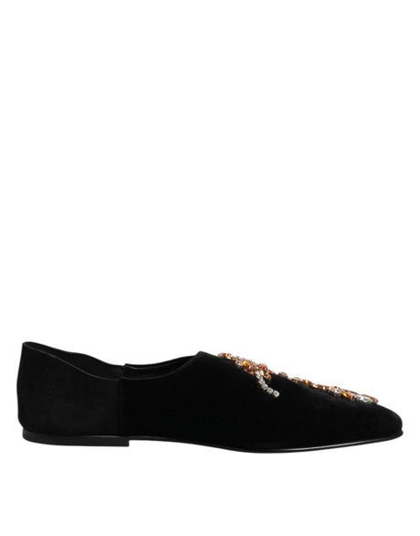 Dolce & Gabbana Black Velvet Embellished Loafer Slip On Shoes - Hilstor