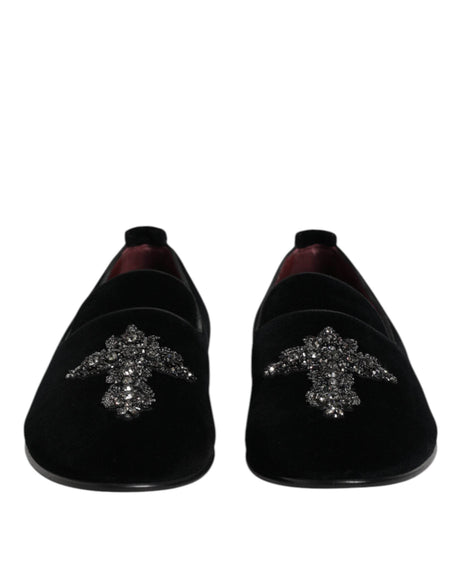 Dolce & Gabbana Black Velvet Embellished Loafer Slip On Shoes - Hilstor