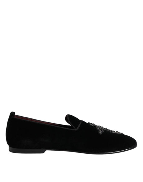 Dolce & Gabbana Black Velvet Embellished Loafer Slip On Shoes - Hilstor