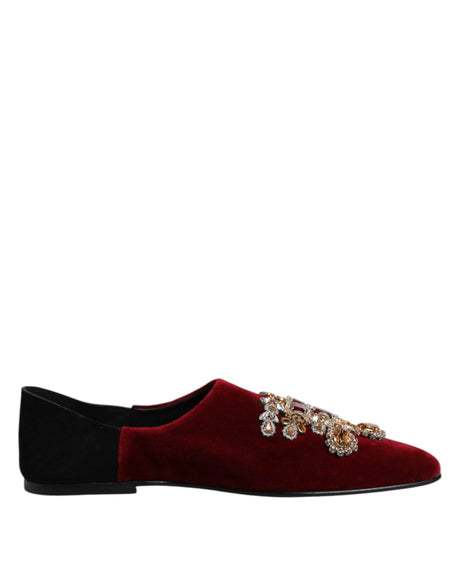 Dolce & Gabbana Black Red Velvet Embellished Slip On Shoes - Hilstor
