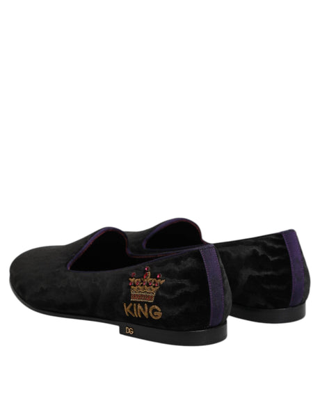 Dolce & Gabbana Black DG Crown Embroidery Loafers Slip On Shoes - Hilstor