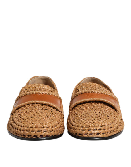 Dolce & Gabbana Brown Woven Raffia Slip On Loafers Shoes - Hilstor