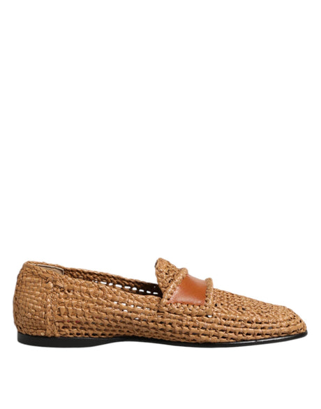 Dolce & Gabbana Brown Woven Raffia Slip On Loafers Shoes - Hilstor