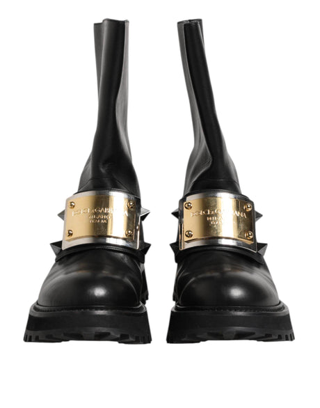 Dolce & Gabbana Black Leather DG Logo Plaque High Boots Shoes - Hilstor