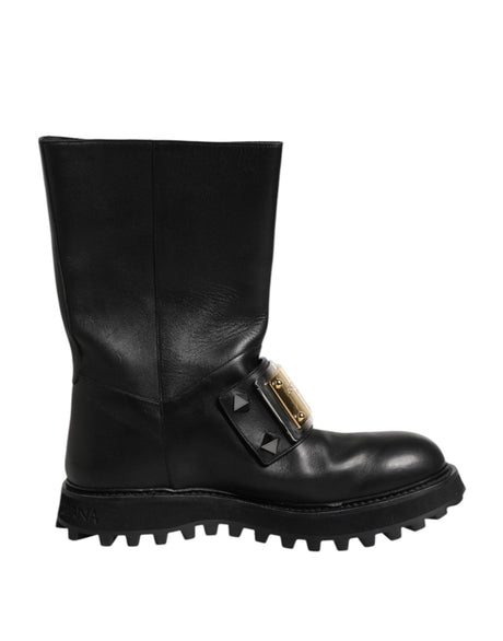 Dolce & Gabbana Black Leather DG Logo Plaque High Boots Shoes - Hilstor