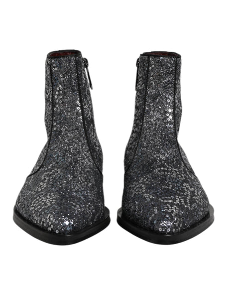 Dolce & Gabbana Dark Gray Cotton Sequined Chelsea Boots Shoes - Hilstor