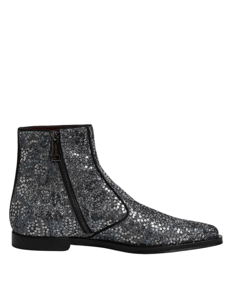 Dolce & Gabbana Dark Gray Cotton Sequined Chelsea Boots Shoes - Hilstor