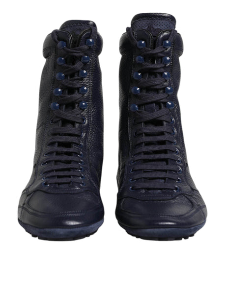 Dolce & Gabbana Dark Blue Leather KING High Top Sneakers Shoes - Hilstor