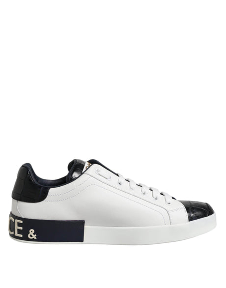 Dolce & Gabbana White Black Leather Portofino Sneaker Shoes - Hilstor