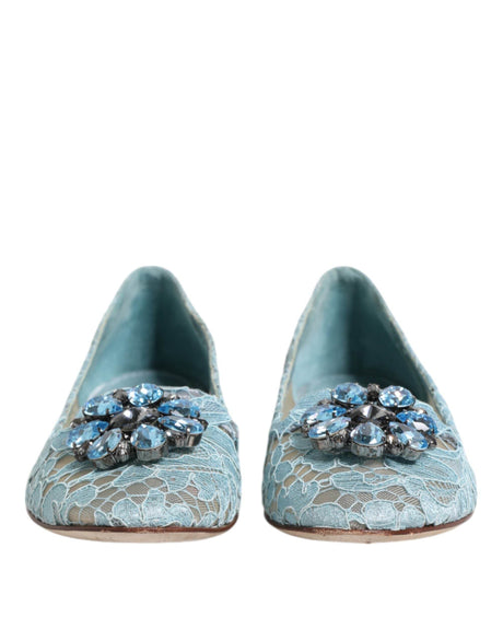 Dolce & Gabbana Blue Lace Crystal Ballet Flats Loafers Shoes - Hilstor