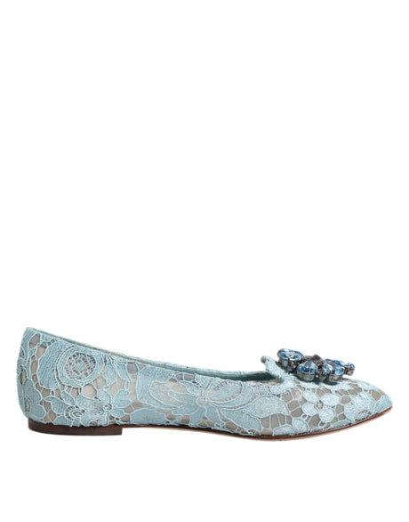 Dolce & Gabbana Blue Lace Crystal Ballet Flats Loafers Shoes - Hilstor