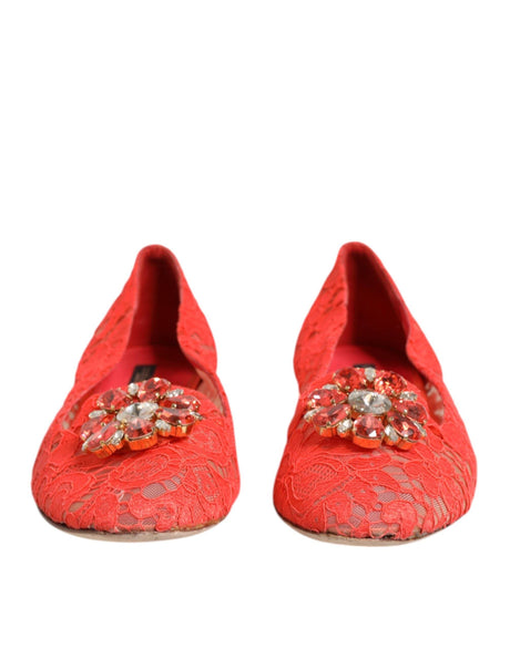 Dolce & Gabbana Orange Lace Crystal Ballet Flats Loafers Shoes - Hilstor