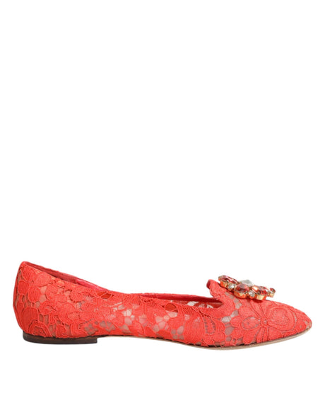 Dolce & Gabbana Orange Lace Crystal Ballet Flats Loafers Shoes - Hilstor