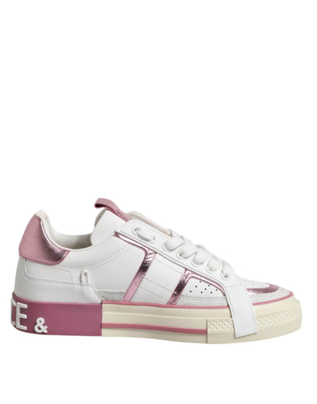 Dolce & Gabbana White Pink Leather Low Top Sneakers Shoes - Hilstor