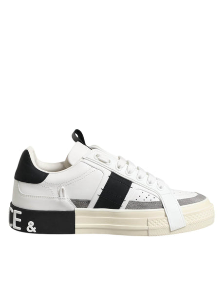 Dolce & Gabbana White Black Leather Low Top Sneakers Shoes - Hilstor