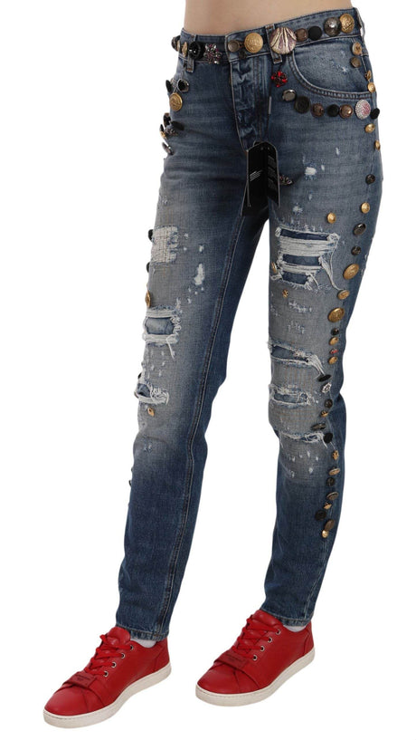Dolce & Gabbana Distressed Embellished Buttons Denim Pants Jeans - Hilstor