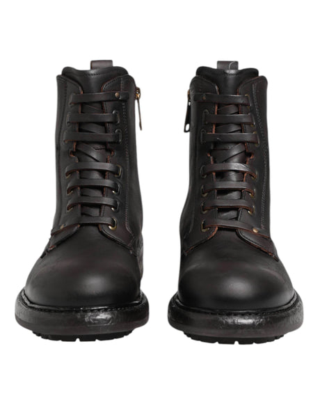 Dolce & Gabbana Dark Brown Leather Lace Up Mid Calf Boots Shoes - Hilstor