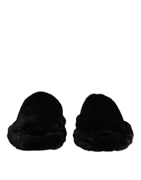 Dolce & Gabbana Black Faux Fur Flats Men Sandals Shoes - Hilstor