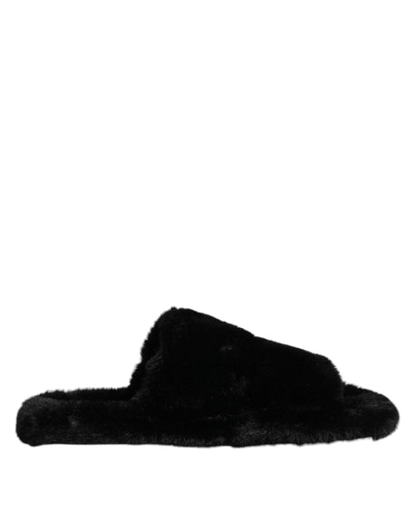 Dolce & Gabbana Black Faux Fur Flats Men Sandals Shoes - Hilstor