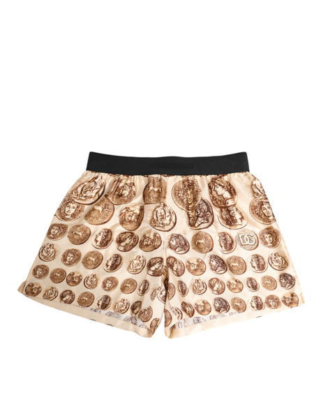Dolce & Gabbana Brown Ancient Coin Print Silk Shorts Swimwear