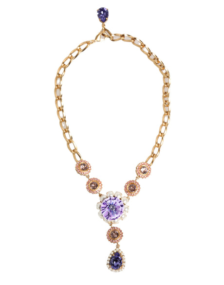 Dolce & Gabbana Gold Brass Crystal Pearl Purple Floral Pendant Jewelry Necklace