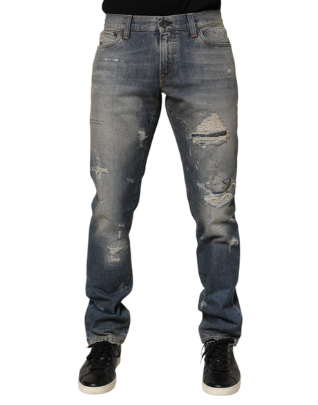 Dolce & Gabbana Blue Distressed Denim Slim Fit Pants Jeans