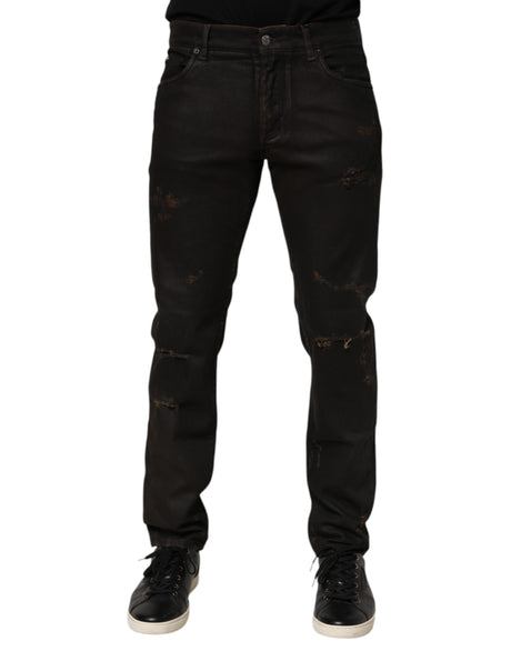 Dolce & Gabbana Dark Brown Tattered Cotton Skinny Denim Jeans