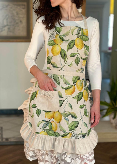 Apron With Frills and Pocket – Lemon Linen, 90% Cotton 10% Linen Blend, Lemon Print Kitchen Apron, 73x62cm - Hilstor