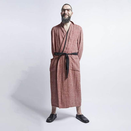 Linen Men’s Bathrobe – Red Fishbone, Unisex, Made in Europe, 100% Pre-Washed Linen, Size M/L - Hilstor