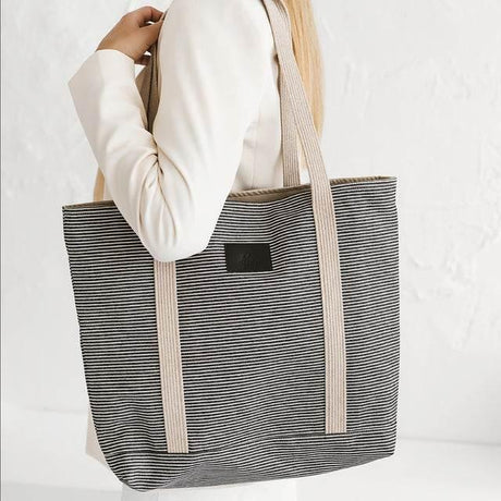 Striped Denim Tote Bag – Durable Striped Denim, Spacious Design with Inside Pockets, Handmade in Europe - Hilstor