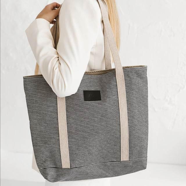 Striped Denim Tote Bag – Durable Striped Denim, Spacious Design with Inside Pockets, Handmade in Europe - Hilstor