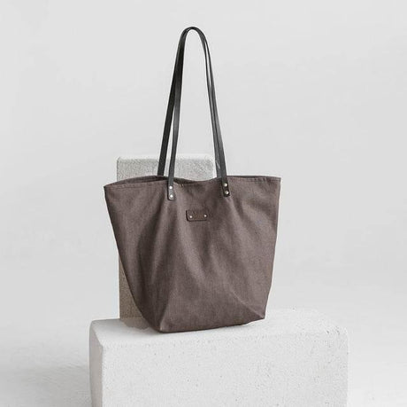 Brown Denim Tote Bag – Durable Striped Denim, Spacious Design with Inside Pockets, Handmade in Europe - Hilstor