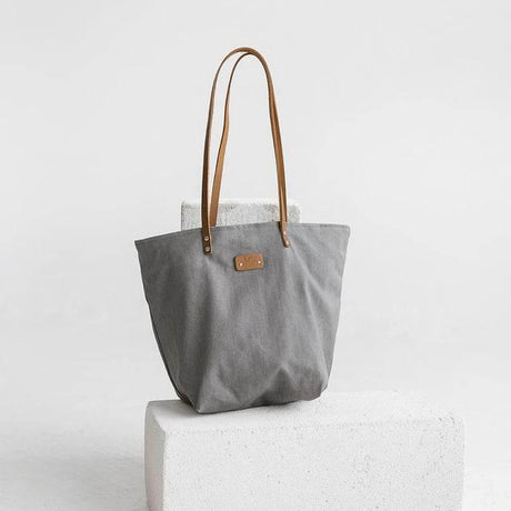 Grey Denim Tote Bag – Durable Striped Denim, Spacious Design with Inside Pockets, Handmade in Europe - Hilstor