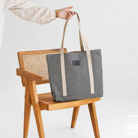 Striped Denim Tote Bag – Durable Striped Denim, Spacious Design with Inside Pockets, Handmade in Europe - Hilstor