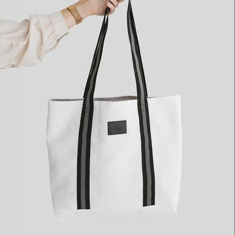 White Denim Tote Bag – Durable Striped Denim, Spacious Design with Inside Pockets, Handmade in Europe - Hilstor