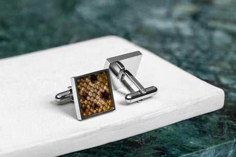 Cufflinks – Square Yellow Leather with black dots, Handcrafted Brown Trout Skin, Made in Europe by Eherüs - Hilstor