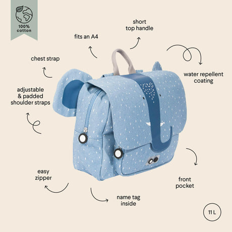 Cute Mrs Elephant School Bag - Lightweight, Water-Repellent Backpack by Trixie Baby | Adjustable Straps & Name Tag for Kids - Hilstor