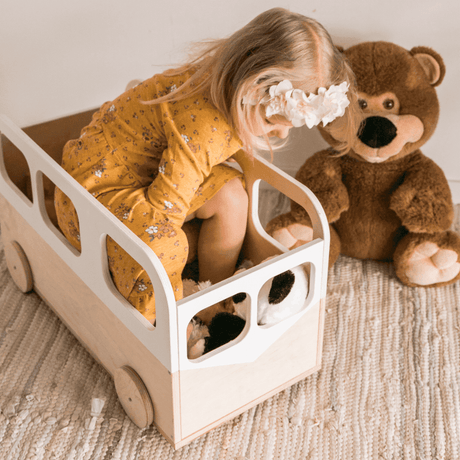 Kids Toy Storage Box on Wheels - Bus Design by EWART Woods | Safe, Durable, Easy-to-Move Wooden Organizer, Made in Europe - Hilstor