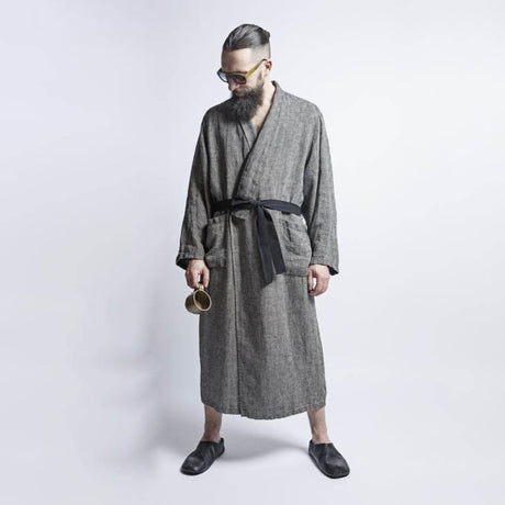 Linen Bathrobe – Black Fishbone, Unisex with Cotton Belt & Pockets, Made in Europe by KOOSdisain - Hilstor