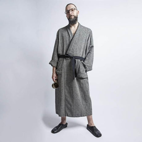 Linen Bathrobe – Black Fishbone, Unisex with Cotton Belt & Pockets, Made in Europe by KOOSdisain - Hilstor
