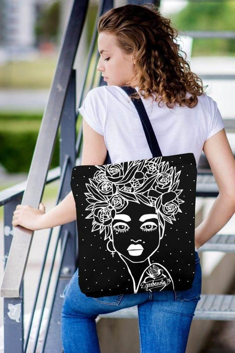Handbag Naomi with Floral Haircut – Black, Reusable Tote with Zipper & Art Print, Made in Europe by Garbanota - Hilstor