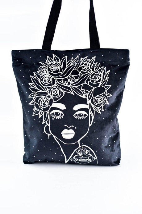 Handbag Naomi with Floral Haircut – Black, Reusable Tote with Zipper & Art Print, Made in Europe by Garbanota - Hilstor