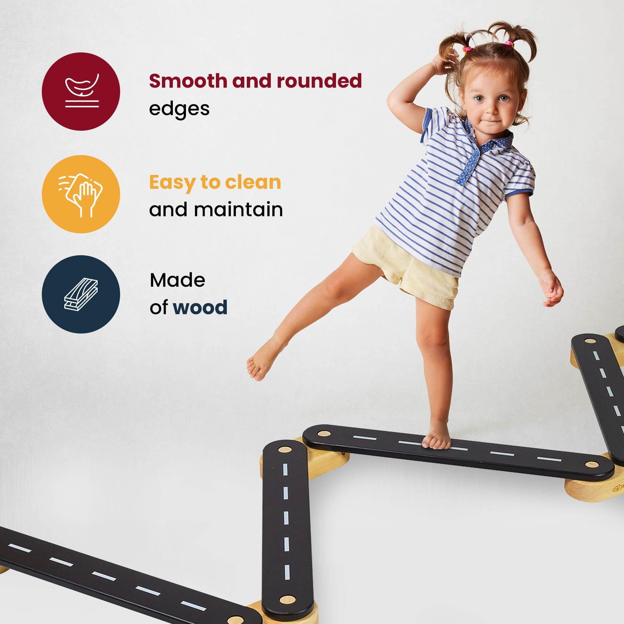 MeowBaby® Wooden Balance Beam – 4 Elements, Educational Sensory Path for Kids, Made in Europe - Hilstor