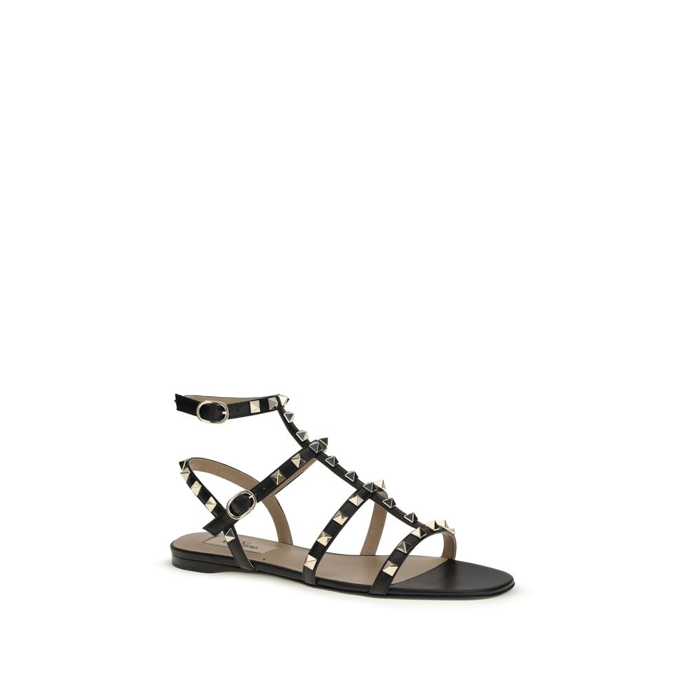 Valentino Garavani Black Calf Leather Bos Taurus Flat Sandals