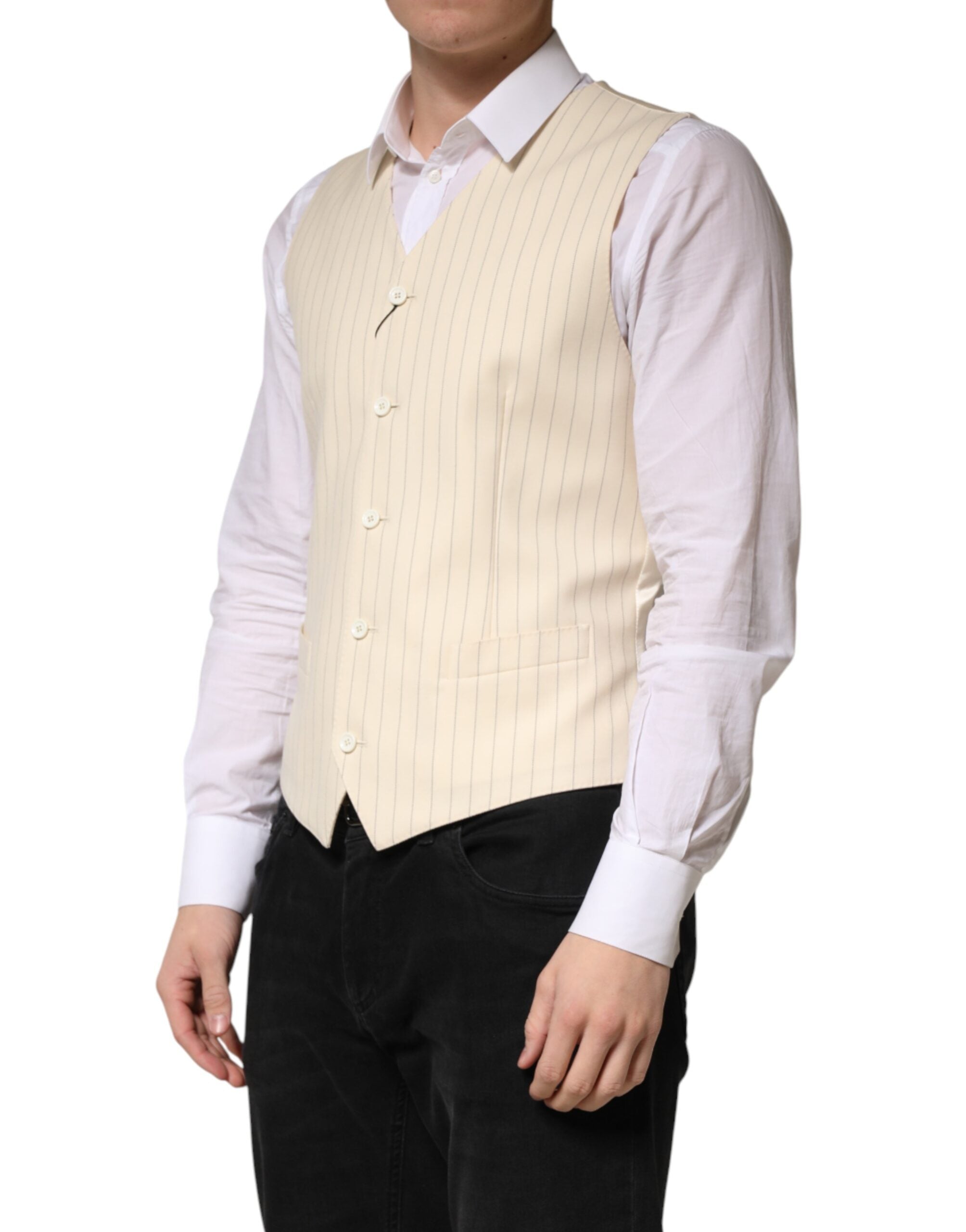 Dolce & Gabbana Beige Stripes Wool Dress Men Waistcoat Vest